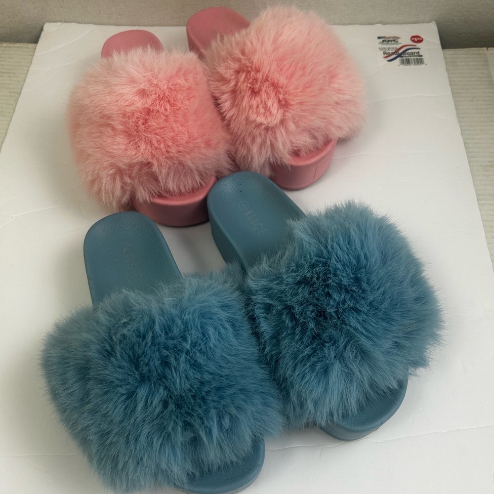 Rouge Helium Pink Blue Fluffy Furry Fluffy Slides Womens 9/40 Sandals Bundle